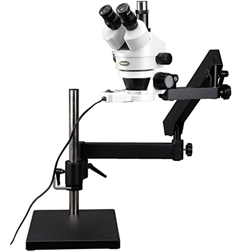 AmScope SM-7TX-FRL Professional Trinocular Stereo Zoom Microscope, WH10x Eyepieces, 3.5X-45X Magnification, 0.7X-4.5X Zoom Objective, 8W Fluorescent Ring Light, Articulating-Arm Boom Stand, 110V-120V, Includes 0.5x Barlow Lens