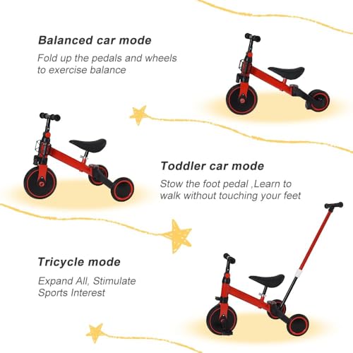 Dreirad, höhenverstellbar, 2-in-1, Laufrad, Dreirad, für Kinder von 1 – 3 Jahren, Dreirad für Babys, skalierbares Babyfahrrad, sicher und bequem, abnehmbarer Putter (rot) – Bild 3