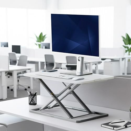 Image of VIVO White 29 inch Single Top Standing Desk Converter, DESK-V000UW | Economy, Height Adjustable, Sit Stand Tabletop Monitor and Laptop Riser Workstation, Holds 22 lbs, No Assembly Required