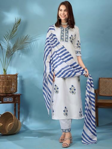 Image of Tee Projekt Women's Cotton Blend Floral Printed Straight Kurta Pant with Dupatta Set ll V Neck Kurta Set