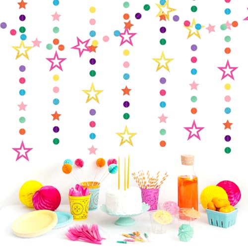 Image of Rainbow Hot-Pink Gold-Star Party-Decoration Garland - 52ft Red-Orange Green-Blue Purple Twinkle Little Star Streamers,Colorful Theme Boy Girl Kids Birthday Supplies, Baby Shower Decor Lasting Surprise