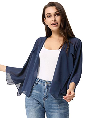 Women Sheer Chiffon Bolero Shrug Jacket Cardigan 3/4 Sleeve Navy Blue X-Large #TOP2