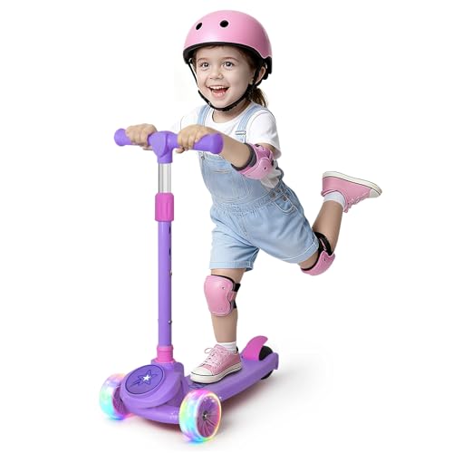 Nattork Kids Scooter for Boys Girls with Light Up Wheels, 3 Adjustable Height Handlebars, Lean-to-Steer Technology, Widen Anti-Slip Deck, 3 Wheel Scooter for kid ages 3-8, Support Riders Up
