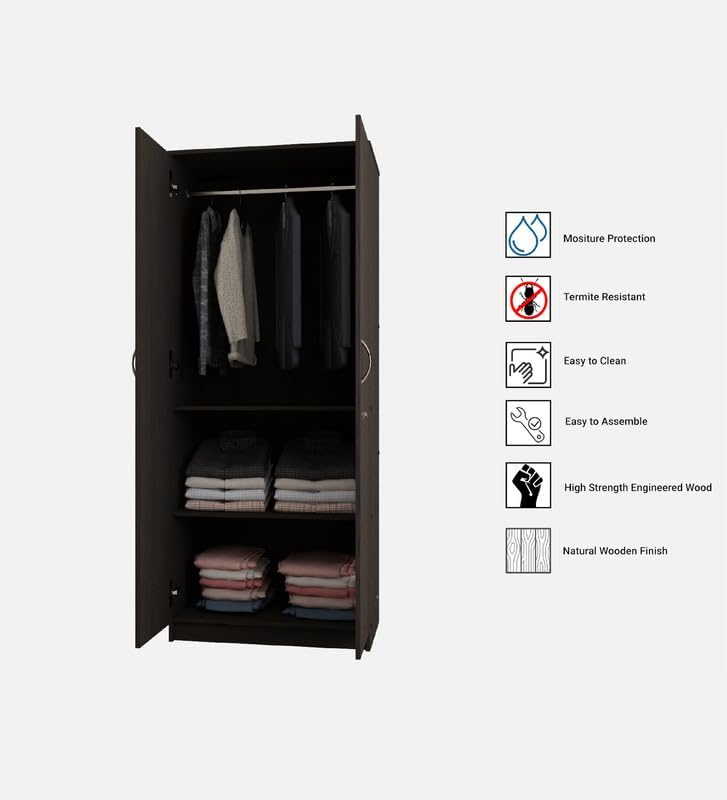 Image of Lara Multipurpose 2-Door Wardrobe | Engineered Wood | Spacious Shelves & Hanging Rail | Dark Wenge Finish | Durable & Compact | Easy Knock-Down Assembly