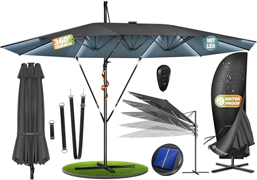 KESSER Sonnenschirm Doppelsonnenschirm mit LED 4 6m x 2 7m | Ampelschirm Abdeckung| Kurbelschirm Aluminium wasserabweisend Neigbar Kippbar 360 Drehbar Anthrazit