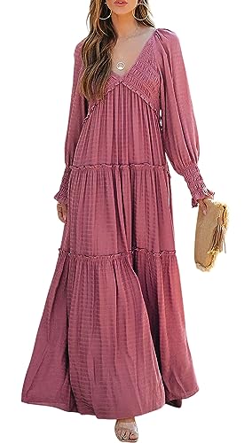 R.Vivimos Maxi Dress for Women Long Sleeve V Neck Empire Waist Layered Ruffle Boho Casual Flowy Long Dresses (Medium, DarkPink)
