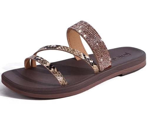 ONCAI Women's Flat Sandals Summer Dressy Casual Fashion Glitter Rhinestone Slip On Ladies Sparkly Slides Comfortable Cushion Beach For Woman 2025 Brown Size 10