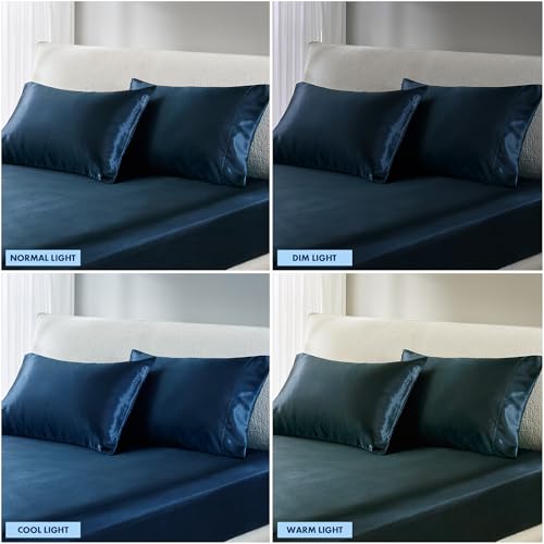 Image of Madison Park Essentials Satin Pillowcase Set of 2, Standard Midnight Blue | Pillowcase Cover for Hair & Skin, Luxuriously Soft, Natural Sheen Luster, Cool to Touch, Wrinkle-Free, Machine Washable