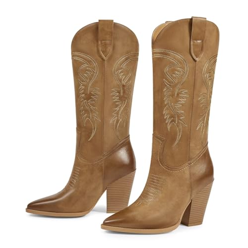 Image of ISNOM Cowboy Boots Cowgir Boots for Women, Pointed Toe Chunky Heel Western Boots