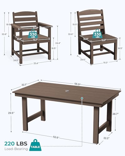 Image of SERWALL 7-Pc HDPE Patio Dining Set, 1 Table & 6 Armless Chairs, Coffee | HDPE Outdoor Dining Set with Rectangular Table & 6 Armless Chairs, All-Weather Resistant SERWALL Dining Set for 6
