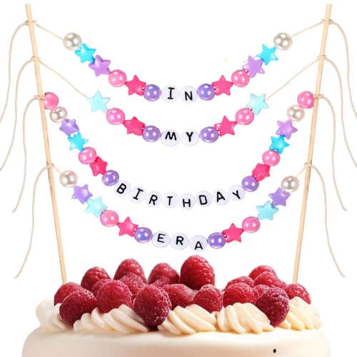 Mimorou in My Birthday Era Cake Banner Topper Decoration Pink Purple Happy Birthday Cake Topper Garland for Singer Music Fans Lover Friendship Bracelets Party Supplies(Pink Purple 3D Beads)