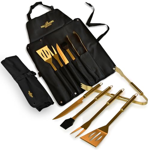 MikaMax Millionaire BBQ Tools - 5 teiliges BBQ Grill Werkzeug Set mit Faltbarer Schürze - Grillgabel - Spatel - Grillbürste - Messer - Zange - Ideal für Camping - Küche und Partys