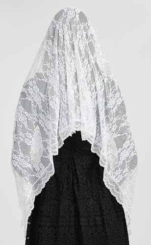 FANFAN Chapel Veil Rectangle Bridal Lace Floral Embroidery Tulle Shawl Scarf for Wedding Church Ceremony, Photography Ivory White Mantilla Veil Y042