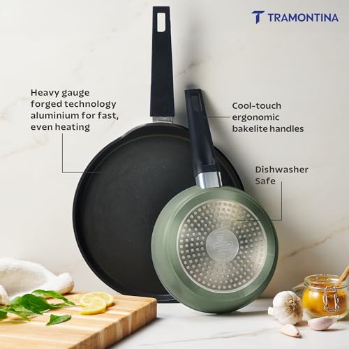 Image of TRAMONTINA Aura Cookware Set of 2- Frypan 20cm, Dosa tawa 28cm | Reinforced Ceramic Non-Stick Cookware | Quick & Even Heating | Low-Oil Cooking | Bakelite Handle | Induction & Gas | Sea Green
