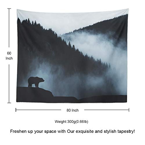 Summor Mountain Tapestry Misty Forest Black And White Tapestry Landscape Minimal Wilderness Bear Mountains Nature Tapestry Wall Hanging Decor For Bedroom Living Room Dorm (Misty, 60'' X 80'') #TOP4