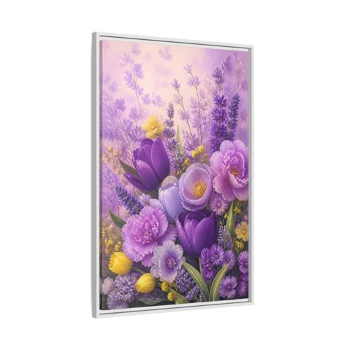 Toile canvas bouquet floral violet 60x90 cadre blanc vertical