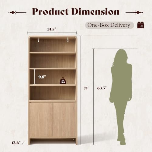 Image of AMERLIFE 71 inch Modern Wood Bookcase with Storage Cabinets, Nature Oak | 6 Tier Bookshelf, Large Space, Adjustable Shelves, Curved Design, Ideal for Living Room, Bedroom, Home Office, Easy Assembly