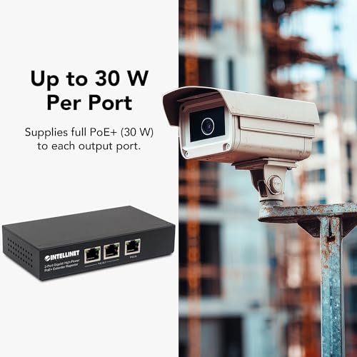 Image of Intellinet 2-Port Gigabit High-Power PoE+ Extender, 25W, IEEE 802.3at | IEEE 802.3af /at range doubler adds 328 ft, powers two devices up to 25W, Gigabit RJ45, metal housing