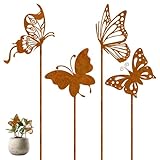Gartenstecker Rost, 4 Stück Schmetterling Gartendeko, Gartenstecker Metall Schmetterling Garten Deko für Draußen, Rostige Frühlingsdeko, Blumenstecker Rostdeko für Terrassen Blumentopf Balkon