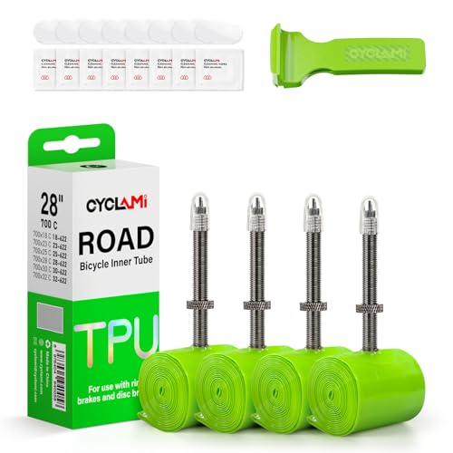 CYCLAMI 4-Pack TPU Inner Tubes 700cx18-32c Inner Tubes Ultralight 38g 60mm with Metal Presta Valve, Removable Valve Core(4pcs 60mm Valve)