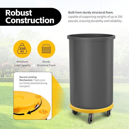 MaxWorks 50933 Round Trash Can High Visibility Yellow Dolly with 5 Swivel Casters 18 inch Dolly for 20 32 44 55 Gallon Containers Twist ON & Off Great for Shops Garages Car Detailing - Thumbnail 6