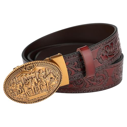Dress Ratchet Belts for Men with Automatic Buckle, 3.5Cm Business Dress Belts, Embossing Leather Belt Western Cowboy Belts,Reddish brown b,130CM/51.2''