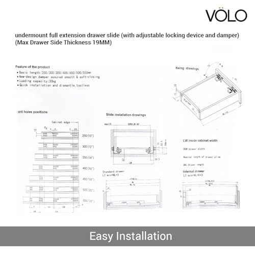 Image of Volo Heavy Duty Drawer Slides, Full Extension Ball Bearing Runners | Pack of 2 Piece | Channels for Kitchen Cabinets, Wardrobes, and Dressers (Undermount, 12 Inch)