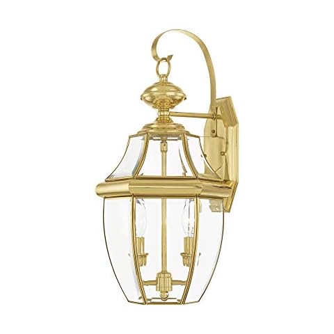 Livex Lighting 2251-02 Monterey 2 Light Outdoor Polished Brass Finish Solid Brass Wall Lantern with Clear Beveled Glass, 20.25" x 10.5" x 10" Cover