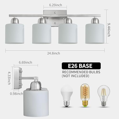 Image of 4 Light Bathroom Light Fixtures, Anti-Rust Finish Brushed Nickel Vanity Lights for Bathroom with Milky White Frosted Glass Shade for Mirror Bedroom Living Room E26 Base