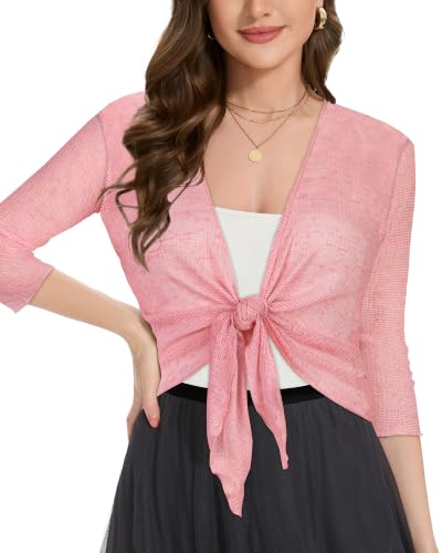 Image of Women Crop Cardigan Sheer Mesh Bolero Shrug for Dress Tie Front 3 /4 Sleeve Tops