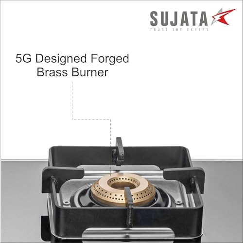 Image of Sujata Regal Manual Gas Stove 2 Burners Glass Top | 9 Years Warranty | Gas Stove with Brass Burners | SABAF Technology | ISI Certified | LPG & PNG Compatible | 360 Rotating Brass Nozzle (Black)
