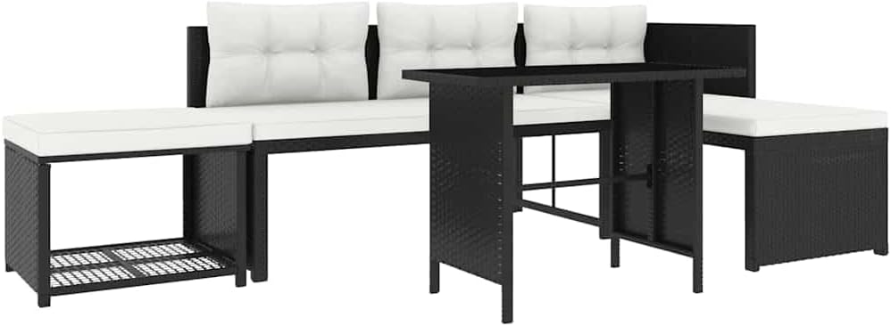 vidaXL Patio Furniture Set 4 Piece, Patio Conversation Set with Cushions, Outdoor Sectional Sofa with Coffee Table for Garden, Poly Rattan Black