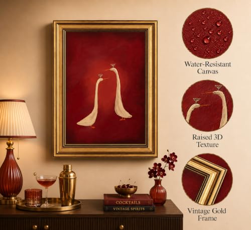 Image of Gold Framed 3D Textured Wall Art, Red Martini Duck Canvas Prints, Minimalist Cocktail Animal Pictures Decor, Funny Rustic Bar Cart Artwork for Kitchen Dining Room Living Room 9x11inc