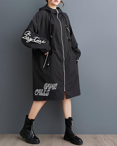 ellazhu Women's Coat Long Sleeve Zip Up Patterned Hoody Straight Hem Loose Casual Elastic Armhole Two Side Pockets GZ3772