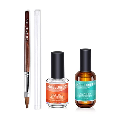 Modelones 2Pcs Nail Art Brushes Size 10 With 15Ml Nail Primer & Nail Dehydrator Set #TOP27
