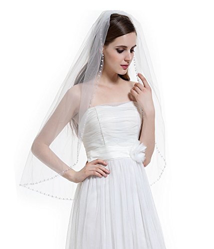 BEAUTELICATE 1T Bridal Wedding Veil with Comb Pearls Rhinestones Edge Fingertip Length-V59(Ivory)