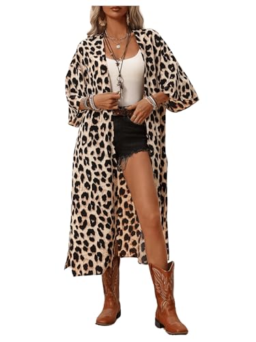 OYOANGLE Women's Leopard Print Open Front 3/4 Sleeve Kimono Cardigan Side Split Swimsuit Cover Up