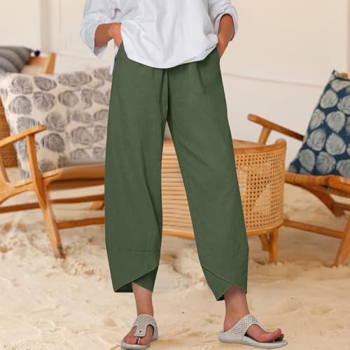 Women's Summer High Waisted Baggy Pants Wide Leg Linen Pants Casual Ankle Length Trouser Slacks Hem Cropped with Pockets 20252