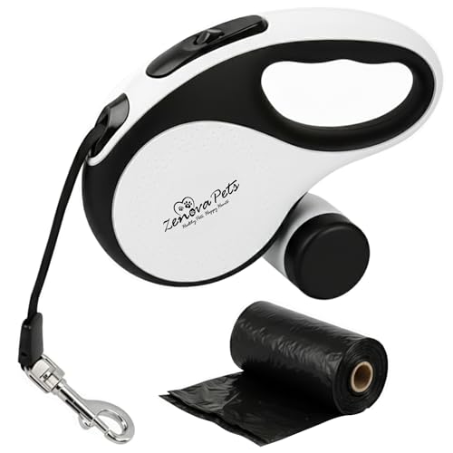 Zenova Pets Guinzaglio retrattile per cani con supporto staccabile per sacco dei rifiuti Guinzaglio per cani con nastro in nylon resistente da 5 metri Guinzaglio antigroviglio per addestramento