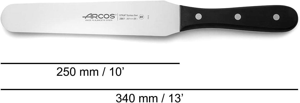 ARCOS Spatula 8 Inch Nitrum Stainless Steel and 205 mm blade. Ergonomic Polyoxymethylene POM Handle. Series Universal. Long, sturdy blade and serrated edge and serrated edge easily cuts. Color Black.