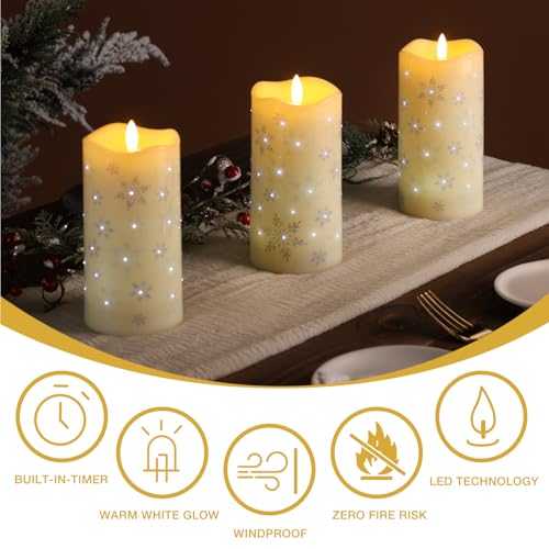 Image of Eywamage Christmas Flameless Pillar Candles with Remote, Snowflakes Fiber Optic LED Candles Battery Operated Set of 3