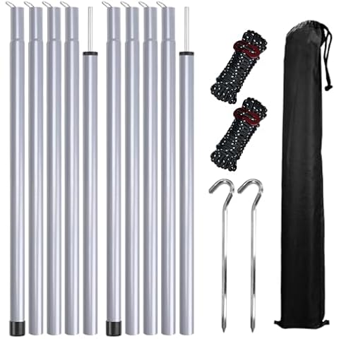 Tent Poles for Tarp, KescherAb Adjustable Tarp Poles Aluminium Tarp Poles Set of 2 for Tent Fly, Awning, Outdoor Camping, Hiking, Backpacking & Rainfly with Pegs & Reflective Ropes, Grey Cover