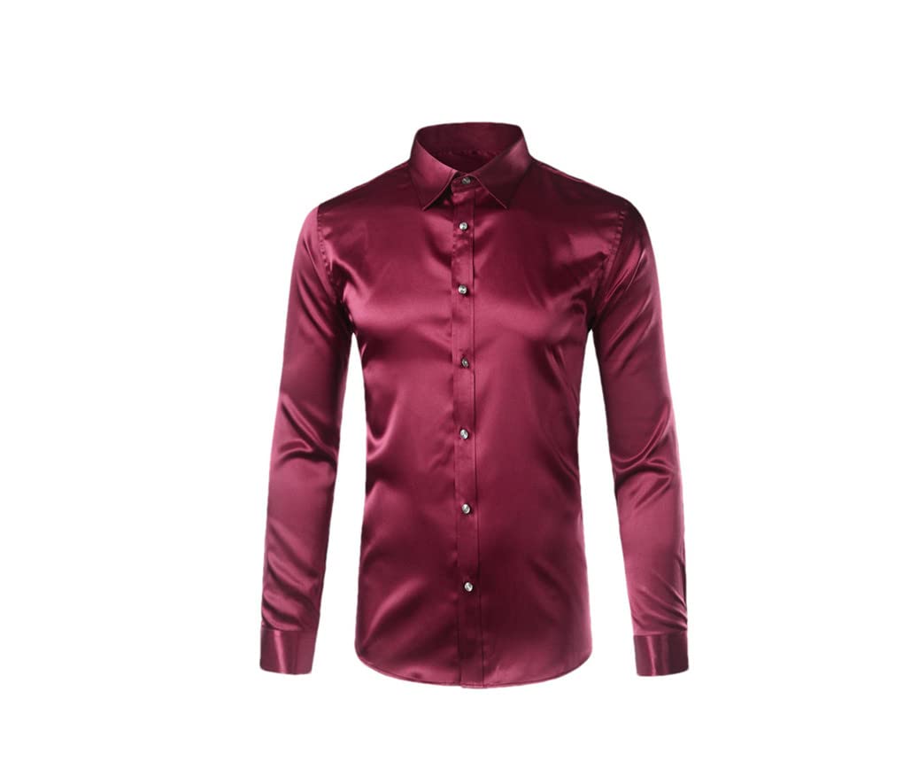 Kiioouu Męskie jedwabne satynowe gładkie męskie koszule do sukienki na co dzień zapinane na guziki garnitur koszule impreza ślub męska koszula, czerwony (wine red), 3XL