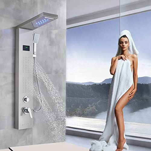 Columna de Ducha de Acero Inoxidable con Panel LED, Sistema Antilluvia y Masaje, Acabado Mate, para Montaje en Pared miniatura 1