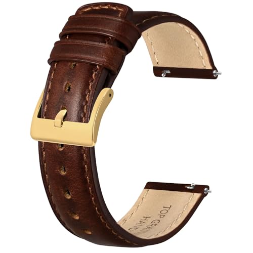 Image of BISONSTRAP Leather Watch Strap for Men and Women, Oil Pull-Up Leather, Quick Release Replacement Bands, 20mm, Dark Caramel (Gold Buckle)