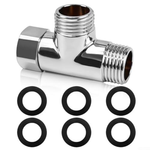 Adaptateur T en laiton 3 voies pour systèmes de canalisations d'eau, raccord d'entrée et de sortie G1/2 avec 6 rondelles, vanne de dérivation chromée pour douche,...