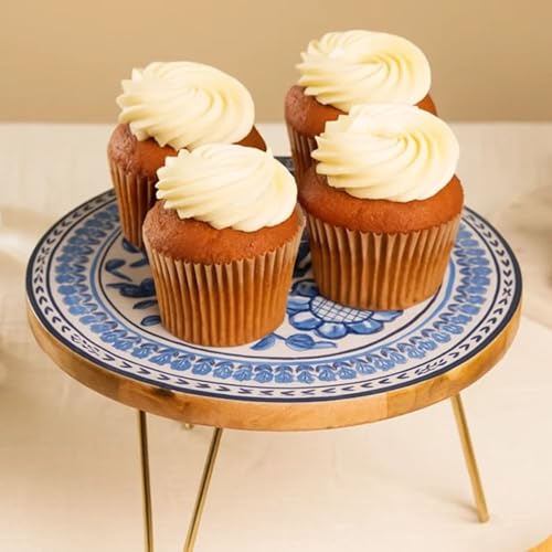 Image of RITUALISTIC Holland Delft Art Wooden Cake Stand with Metal Legs | Blue & White Dutch Folk Art | Round Dessert Display for Birthdays, Weddings & Events | Premium Home Decor Cake Tray | Unique Gifting