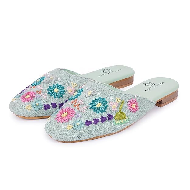 Women's Embroidered Floral Mules, Mint Green Slip-on Flats, Traditional Jutti Style-image-49