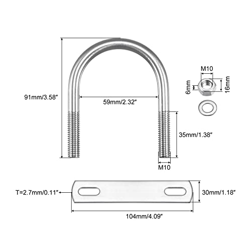 Image of uxcell Round U-Bolts, 59mm(2.32 inch) Inner Width 91mm Length M10 304 Stainless Steel U Clamp Bolt with Nuts Washers and Plates, for Boat Trailer