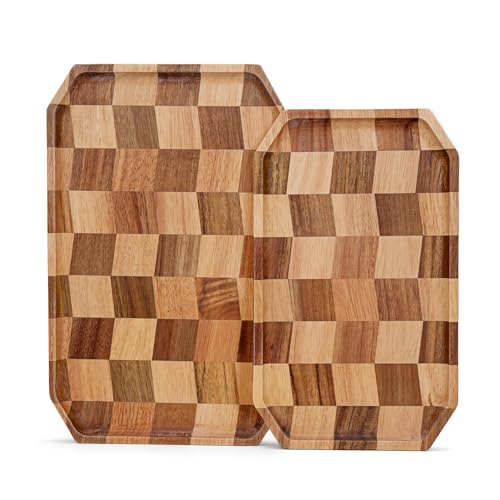 Wood Serving Trays - Set of 2 Rectangular Serving Platters, Wooden Decorative Board Charcuterie Boards for Serving Breakfast Dinner Appetizers Coffee BBQ Party